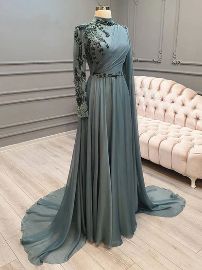Chiffon Appliques Full Sleeve Muslim Prom Evening Dresses with Cape Arabic Dubai Hijab Formal Party Gowns