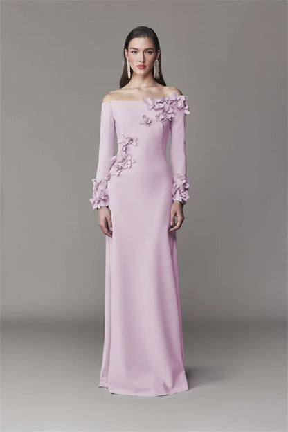 Simple Off Shoulder 3D Flower Prom Dress Long Sleeves Elegant Floor-length Formal Evening Dress