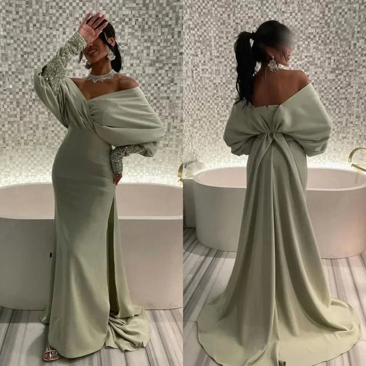 Vintage Off Shoulder Mermaid Prom Dresses Long Glitter Puffy Sleeves Formal Evening Party Gown Cocktail Dress