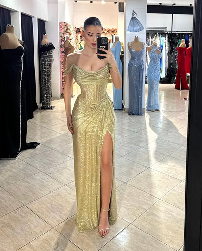 Off Shoulder Glitter Prom Dress Pleated Side High Split Floor-length Formal Evening 2025