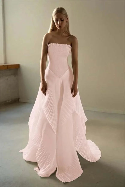 Strapless Pleated Asymmetrical Prom Dresses Elegant Sleeveless Floor-Length Formal Evening