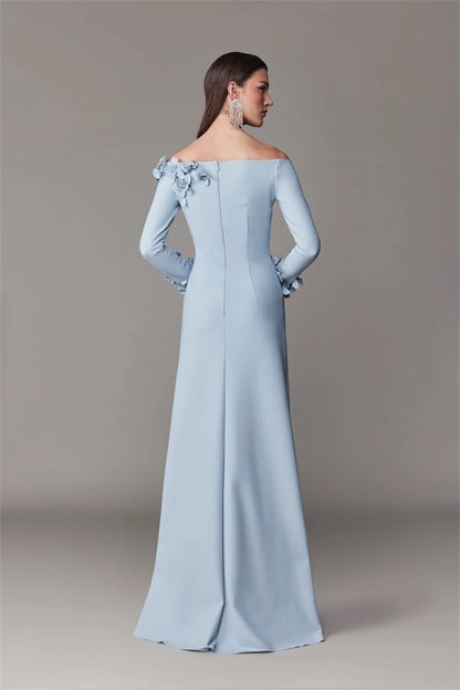 Simple Off Shoulder 3D Flower Prom Dress Long Sleeves Elegant Floor-length Formal Evening Dress