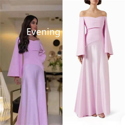 Cathy Muslim Taffeta Prom Dresses Modest A-line vestidos de noche Customized Long Sleeves Off the Shoulder Formal Evening 2024