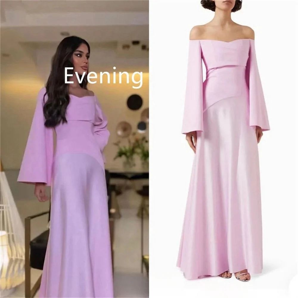 Muslim Taffeta Prom Dresses Modest A-line Long Sleeves Off the Shoulder Formal Evening Dress