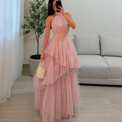 Customized Multi-Layered A-line Mesh Fabric robes de soirée Halter Neck Sleeveless Party Dresses Ankle-Length Prom Dress