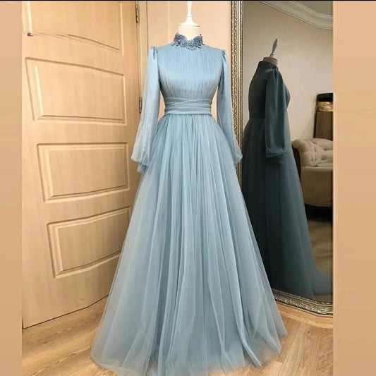Muslime Tulle Evening Dresses High Neck Appliqued Puff Long Sleeves Modest Formal Women Prom Gowns Wedding Guest Outfits