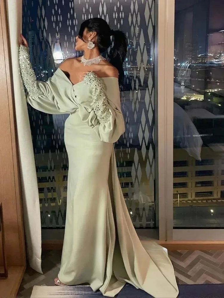 puffy mermaid prom dresses Charming Long Puffy Sleeves Ruched Satin Mermaid Prom Dress Evening We newarrivaldress