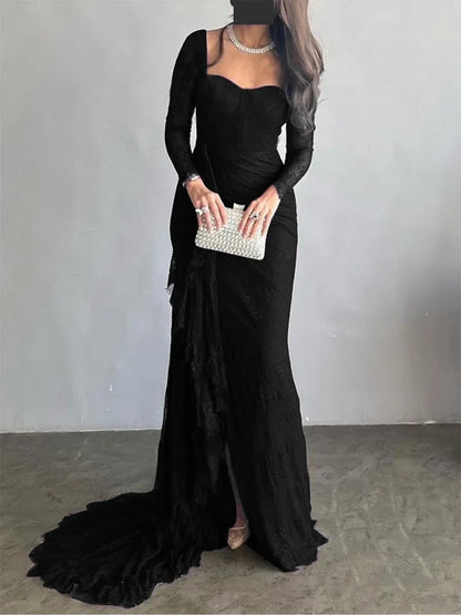 Women's Ruffled Lace Evening Dress Solid Color Square Neck Long Sleeve Skinny Maxi Dress Wrap Hip Party Gowns
