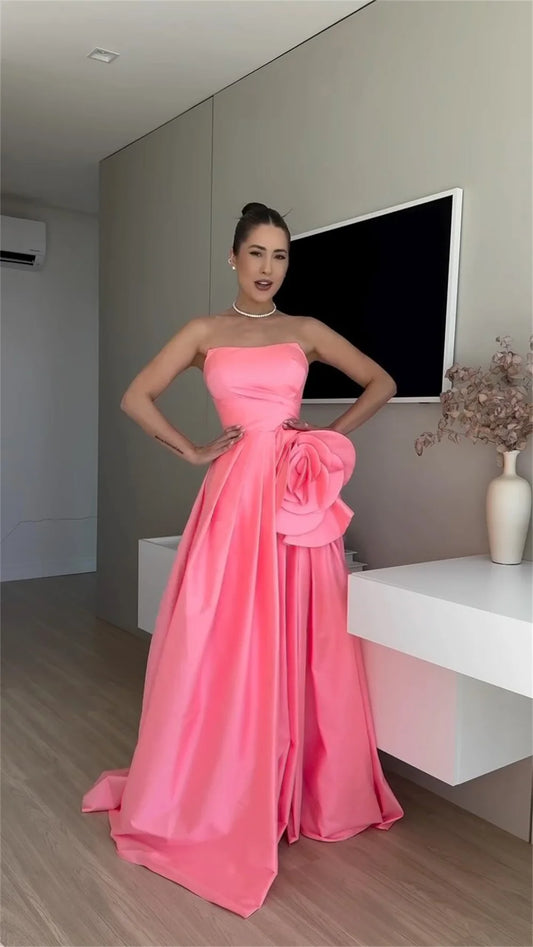 Pink Strapless 3D Flower Prom Dress A-Line Side High Split Floor-length Evening Dresses