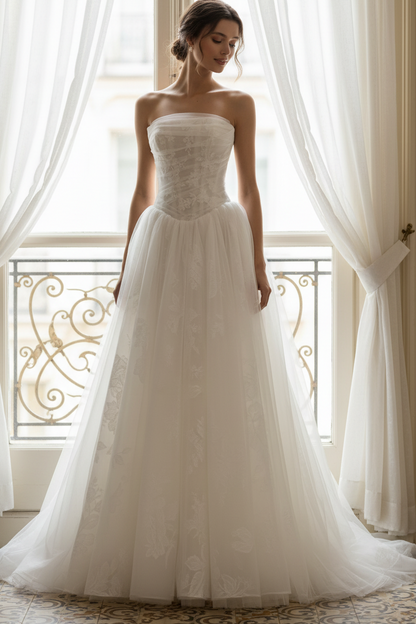 A-Line Tube Top Sleeveless Wedding Dress with Court Train