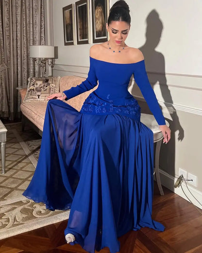Customized Off The Shoulder Long Sleeves Prom Dresses Pleated Lace Floor Length Temperament Evening Dresses