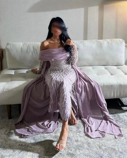Elegant Purple Off Shoulder Prom Dresses Glitter Mermaid Pleats Evening Dress Chiffon Draped Customized vestidos de fiesta