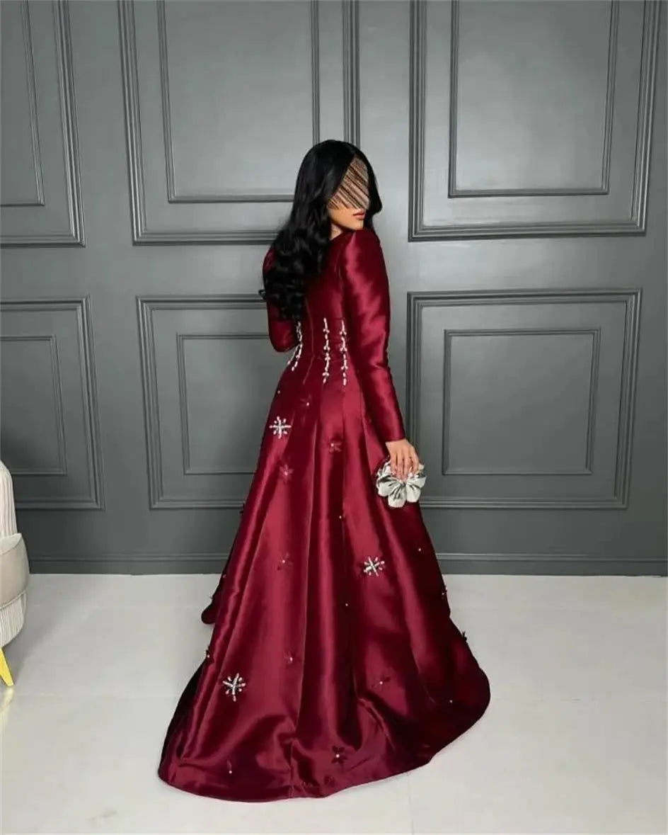 Customized Long Sleeves Prom Dresses Square Neck Crysatls Flowers Floor Length Temperament Evening Dresses Party Dresses