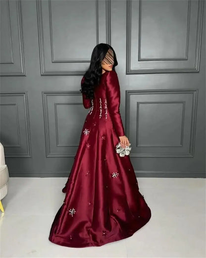 Customized Long Sleeves Prom Dresses Square Neck Crysatls Flowers Floor Length Temperament Evening Dresses Party Dresses