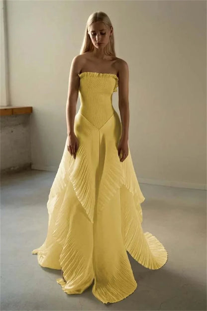 Strapless Pleated Asymmetrical Prom Dresses Elegant Sleeveless Floor-Length Formal Evening