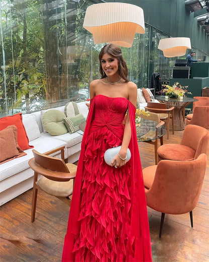 Red Off Shoulder Tiered Ruffles Prom Dress Detachable Shawl A-line Floor-length Formal Evening