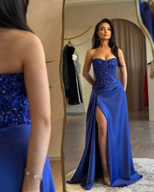 Blue Beaded Low Neck Pleated Prom Dress Side High Split Mermaid Floor-length Formal Evening