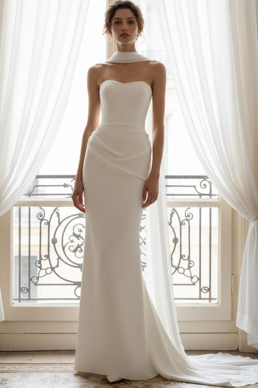 Sheath Simple Tube Top Beach Wedding Dress with Scarf