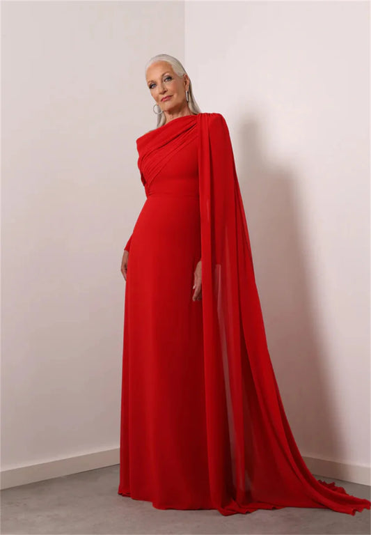 Red Long Sleeves With Shawl Mother Of The Bride Dress Floor-length Prom Dresses Customized Elegant