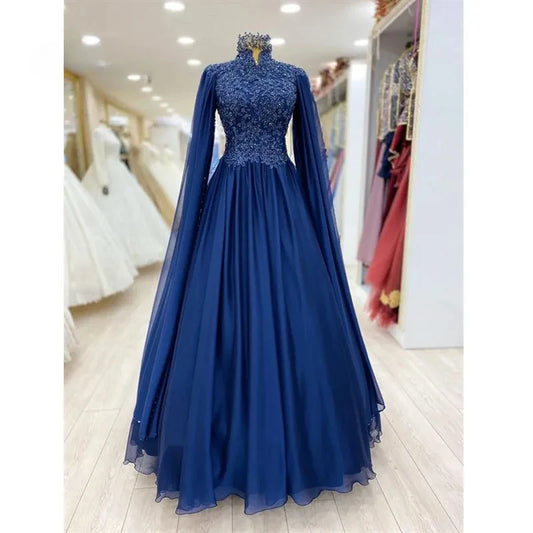 Elegant Chiffon Appliques Beaded Muslim Prom Dress 2025 Saudi Arabic Islamic Evening Formal Party Ball Gowns with Cape