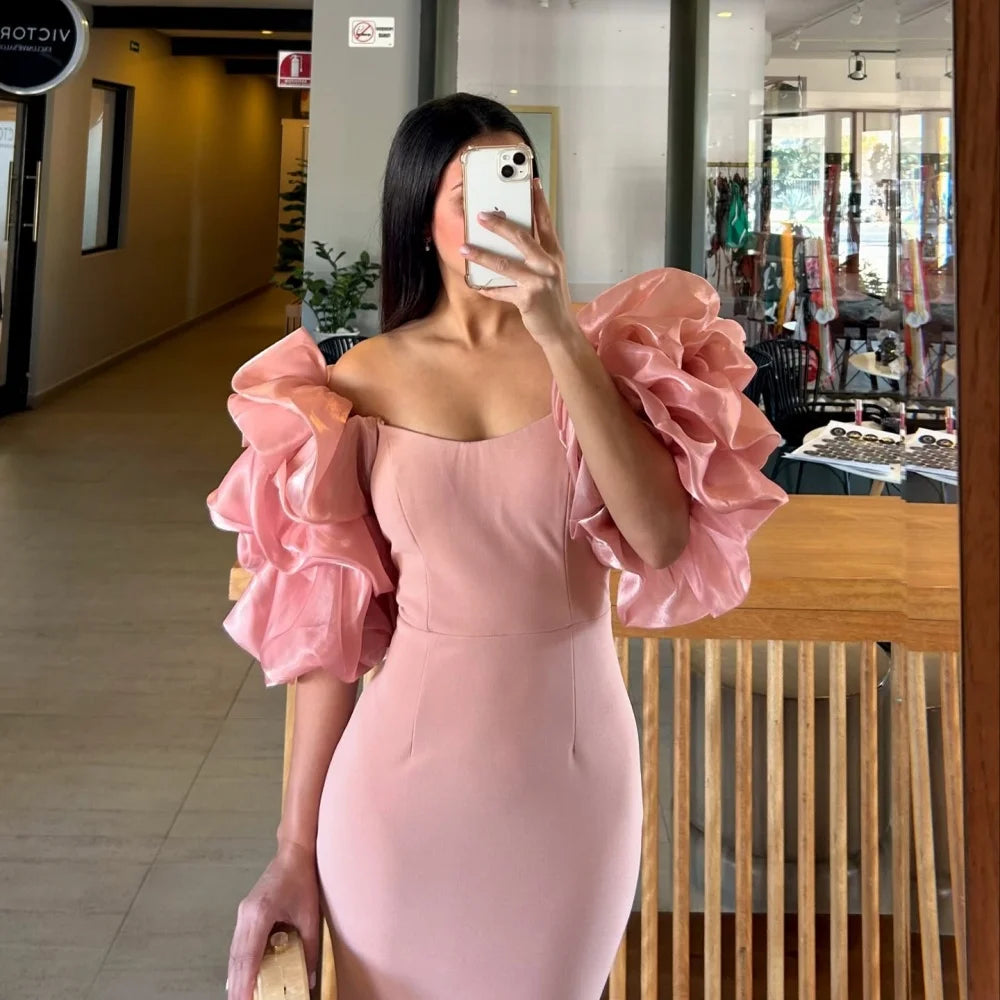 Bella Customized Pink Puff Sleeve Strapless Mermaid robes de soirée Chiffon Side Slit Party Dresses Floor-Length Prom Dress 2025