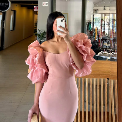 Bella Customized Pink Puff Sleeve Strapless Mermaid robes de soirée Chiffon Side Slit Party Dresses Floor-Length Prom Dress 2025