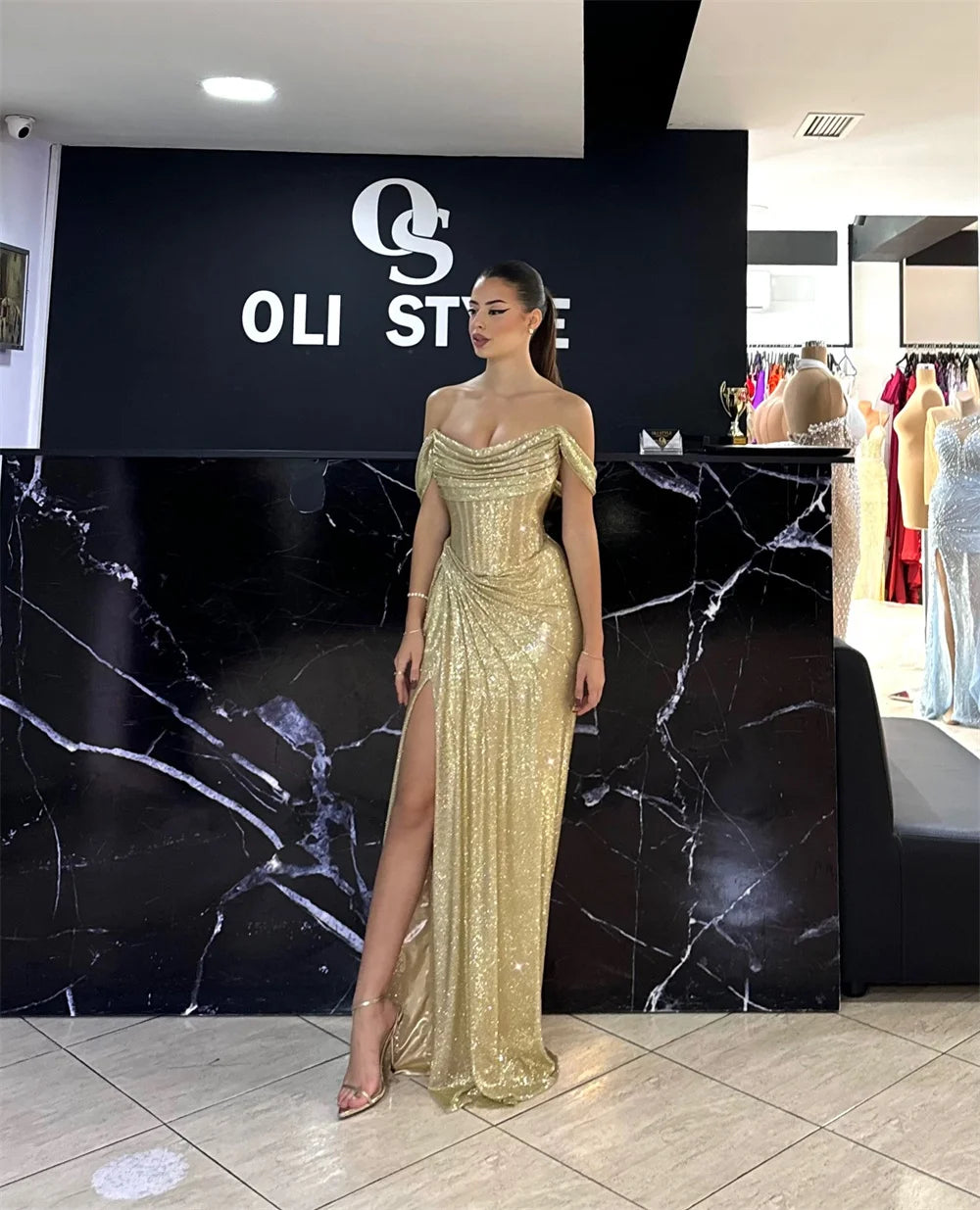 Off Shoulder Glitter Prom Dress Pleated Side High Split Floor-length Formal Evening 2025