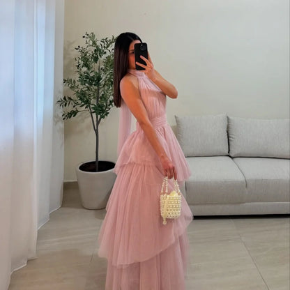 Customized Multi-Layered A-line Mesh Fabric robes de soirée Halter Neck Sleeveless Party Dresses Ankle-Length Prom Dress