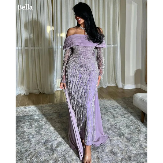 Elegant Purple Off Shoulder Prom Dresses Glitter Mermaid Pleats Evening Dress Chiffon Draped Customized vestidos de fiesta