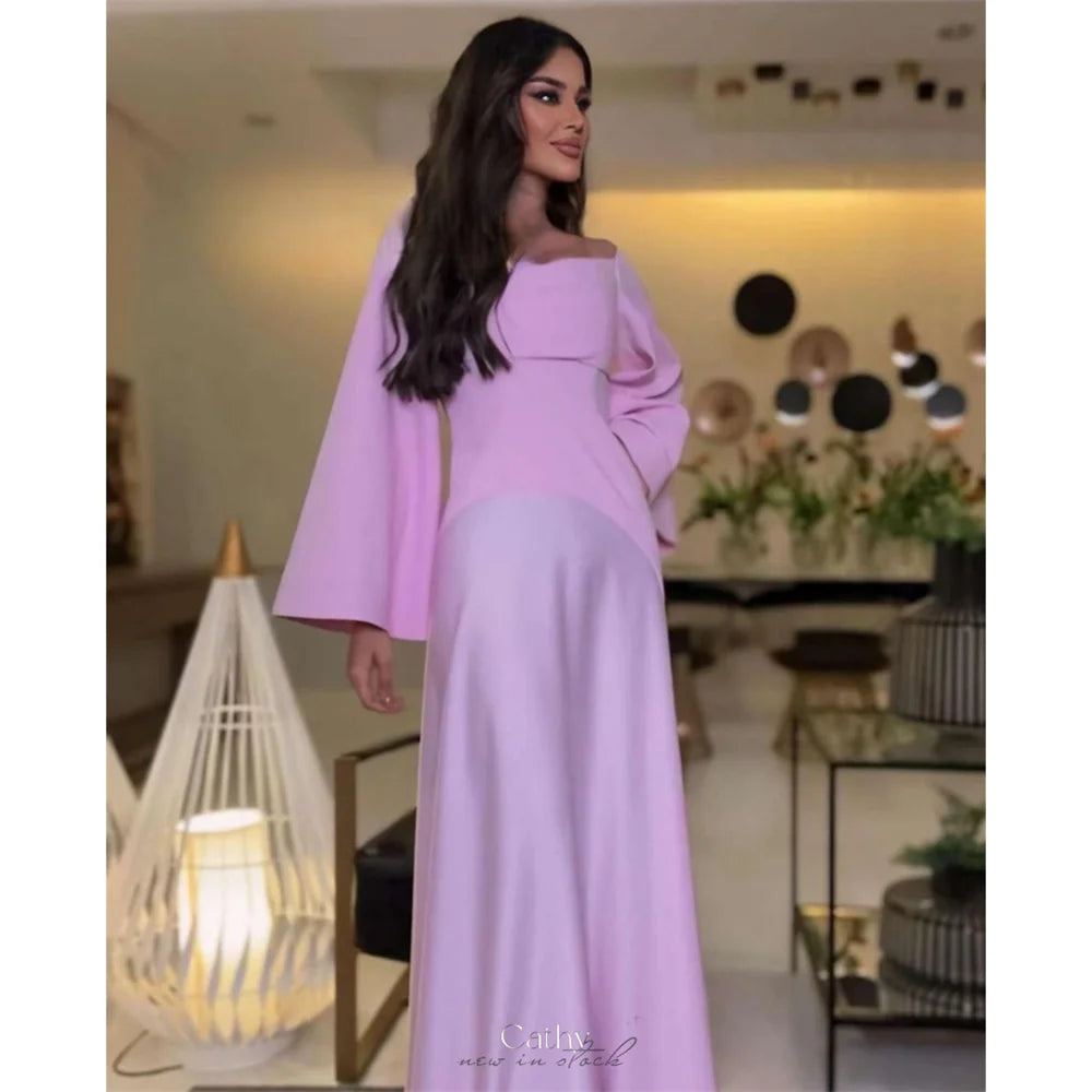 Cathy Muslim Taffeta Prom Dresses Modest A-line vestidos de noche Customized Long Sleeves Off the Shoulder Formal Evening 2024