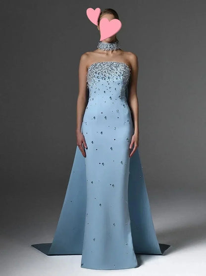 Halter Strapless Rhinestones Prom Dress Mermaid Floor-length Formal Evening Dress