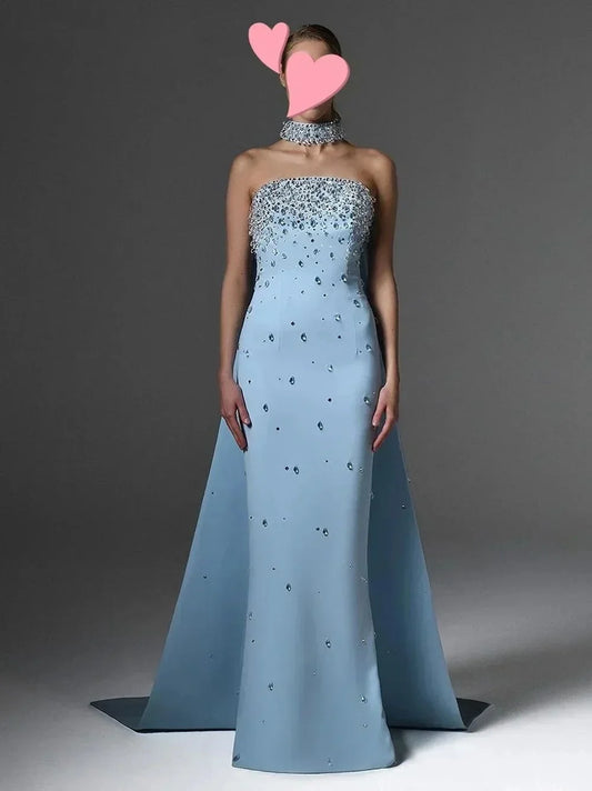 Halter Strapless Rhinestones Prom Dress Mermaid Floor-length Formal Evening Dress