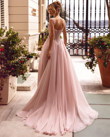 Beaded Sweetheart Prom Dress Leaf Straps A-line Long Train Evening Dresses