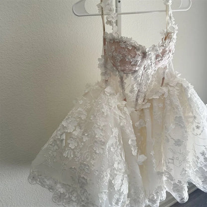 Mini Tulle Wedding Dresses Spaghetti Strap Customized Sleeveless Princess Flowers