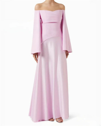 Muslim Taffeta Prom Dresses Modest A-line Long Sleeves Off the Shoulder Formal Evening Dress