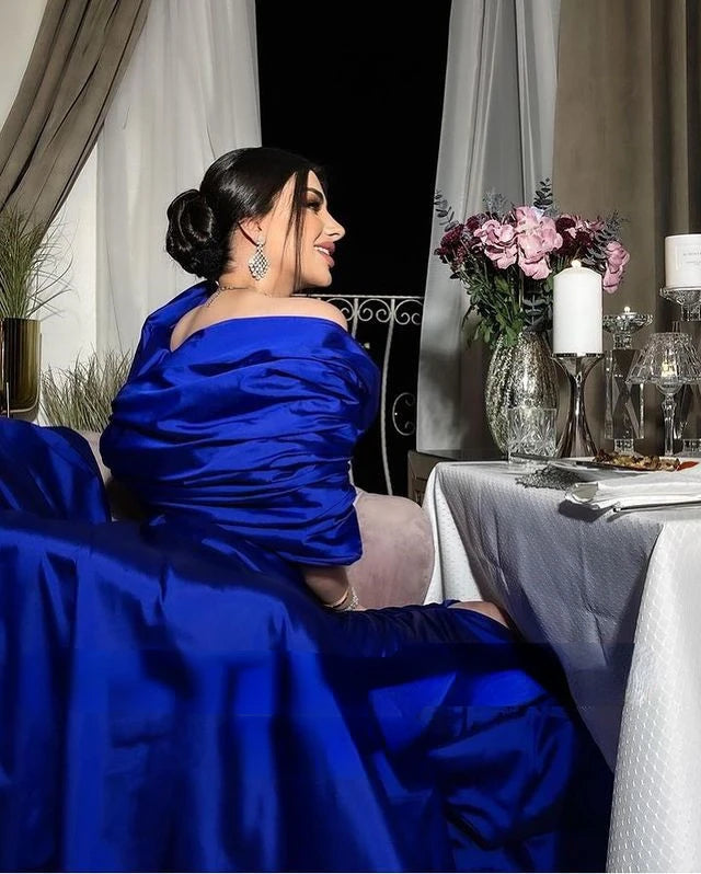 Royal Blue Satin Evening Dresses With Jacket Long Sleeves Ankle Length Formal Party Dress Dubai Women Simple Prom Gown