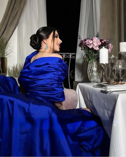 Royal Blue Satin Evening Dresses With Jacket Long Sleeves Ankle Length Formal Party Dress Dubai Women Simple Prom Gown