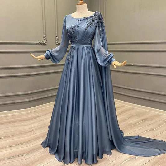 A-line Scoop Neck Arabia Prom Evening Dresses Cap Shoulder Long Sleeves Beaded Sequins Formal Party Gowns