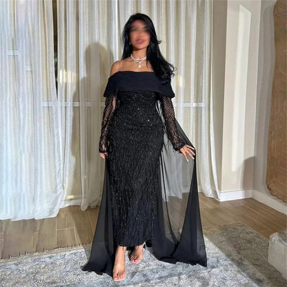Elegant Purple Off Shoulder Prom Dresses Glitter Mermaid Pleats Evening Dress Chiffon Draped Customized vestidos de fiesta