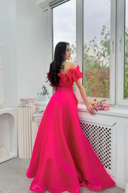 Hot Pink Evening Dress 2025 Hand-curled Flowers Prom Dresses A-Shape Off-shoulder Organza Formal Evening Dress
