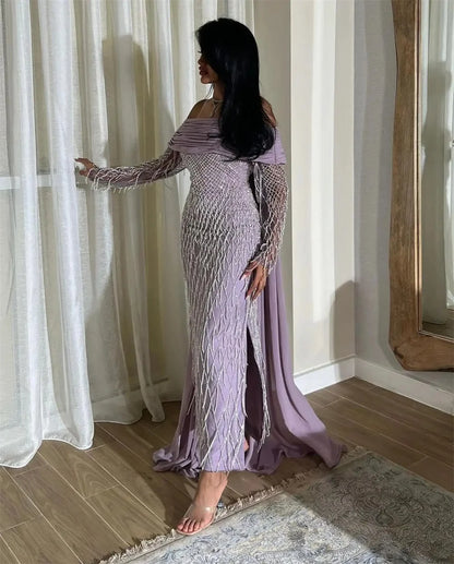 Elegant Purple Off Shoulder Prom Dresses Glitter Mermaid Pleats Evening Dress Chiffon Draped Customized vestidos de fiesta