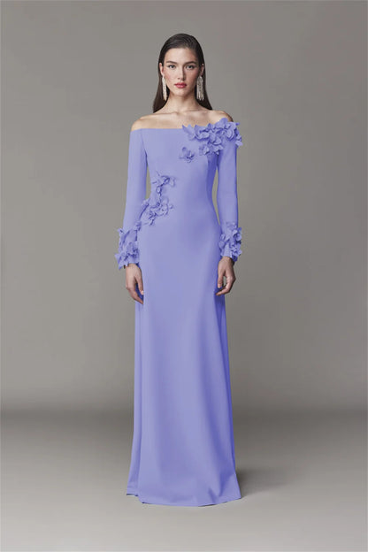Simple Off Shoulder 3D Flower Prom Dress Long Sleeves Elegant Floor-length Formal Evening Dress