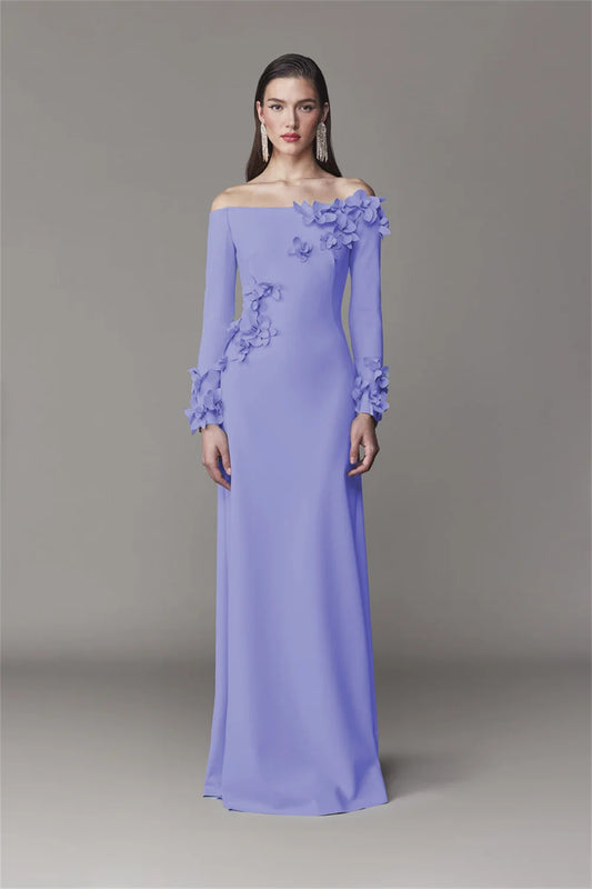 Simple Off Shoulder 3D Flower Prom Dress Long Sleeves Elegant Floor-length Formal Evening Dress
