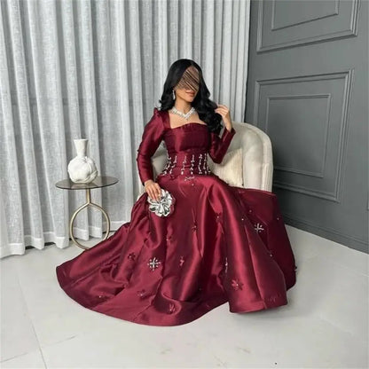 Customized Long Sleeves Prom Dresses Square Neck Crysatls Flowers Floor Length Temperament Evening Dresses Party Dresses