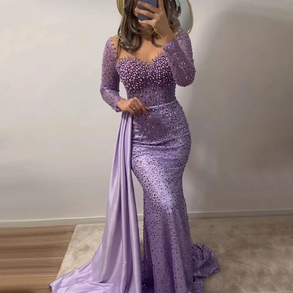 Pearls Mermaid Evening Dresses Long for Women O Neck Long Sleeves Formal Evening Dress