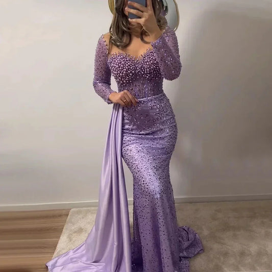 Pearls Mermaid Evening Dresses Long for Women O Neck Long Sleeves Formal Evening Dress