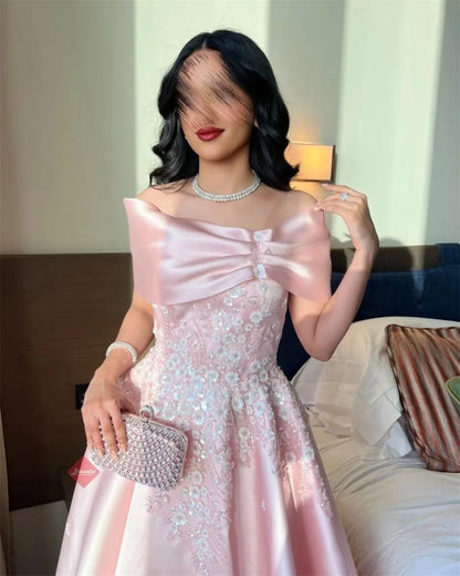 Pink Off Shoulder Sequinned Appliques Prom Dresses A-Line Lace-Up  Sleeveless Evening Dress