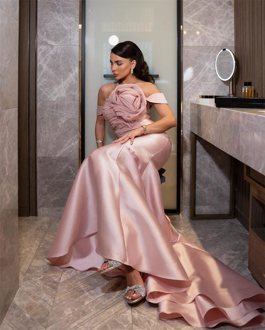 Customized Pink Off Shoulder 3D Flower Prom Dresses Sleeveless Mermaid Evening Dress