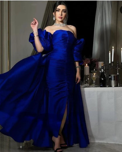 Royal Blue Satin Evening Dresses With Jacket Long Sleeves Ankle Length Formal Party Dress Dubai Women Simple Prom Gown
