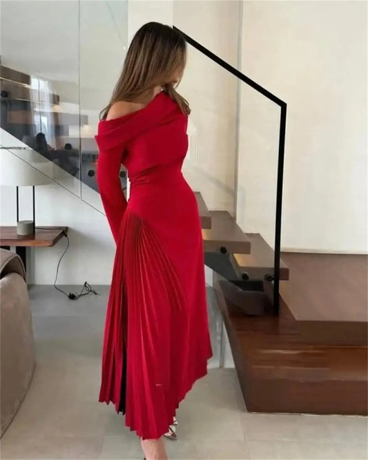 Customized Long Sleeves Prom Dresses One Shoulder Pleated Ankle Length Formal Occasion Dress Temperament Evening Dresses